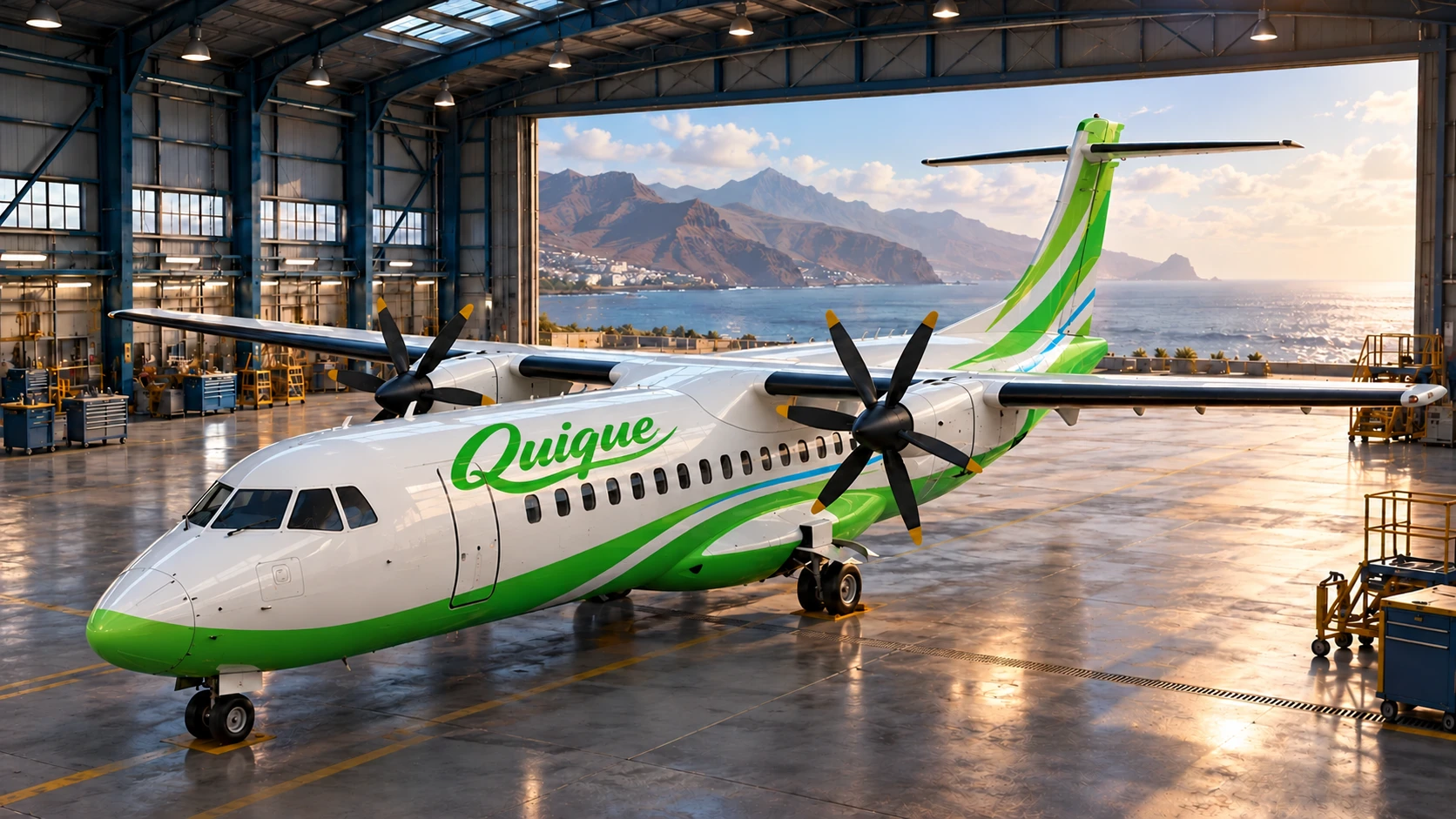 Avión regional de dos hélices, con decoración blanca y verde y nombre Quique en cursiva, dentro del hangar.